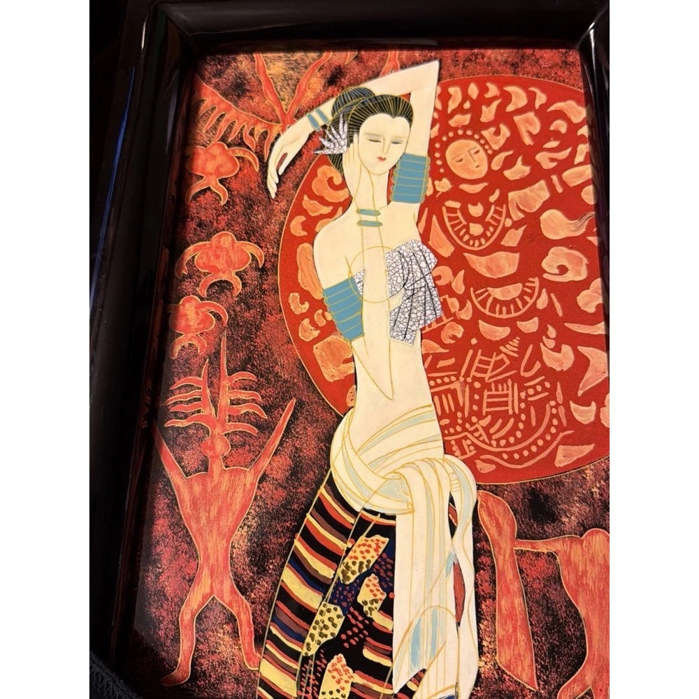 BALI PRINCESS MODERNIST HAND PAINTED LACQUER EGGSHELL INLAY 14.5" x 10.5" ART